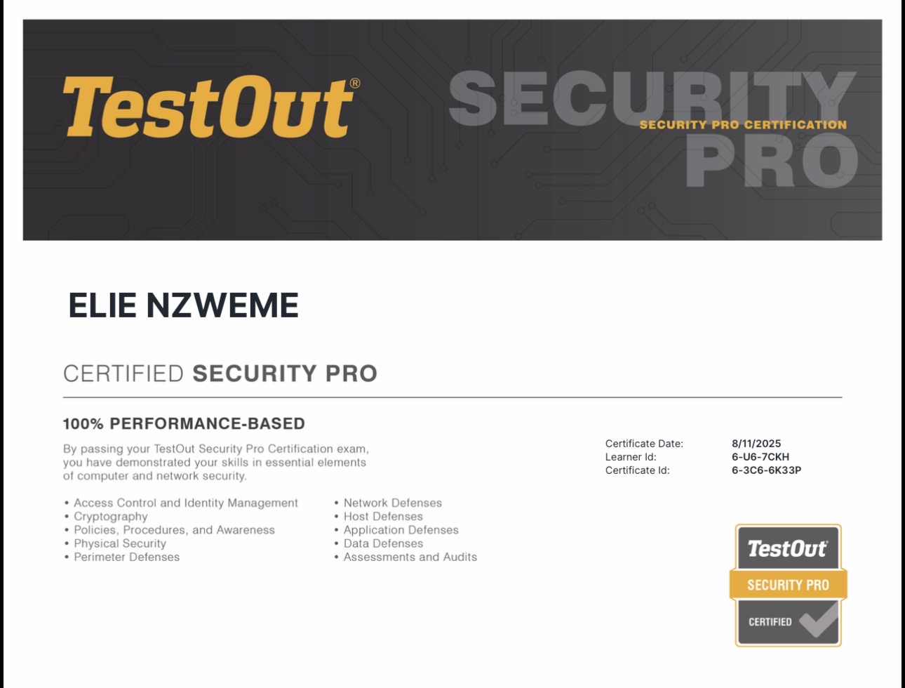 TestOut Security Pro certification